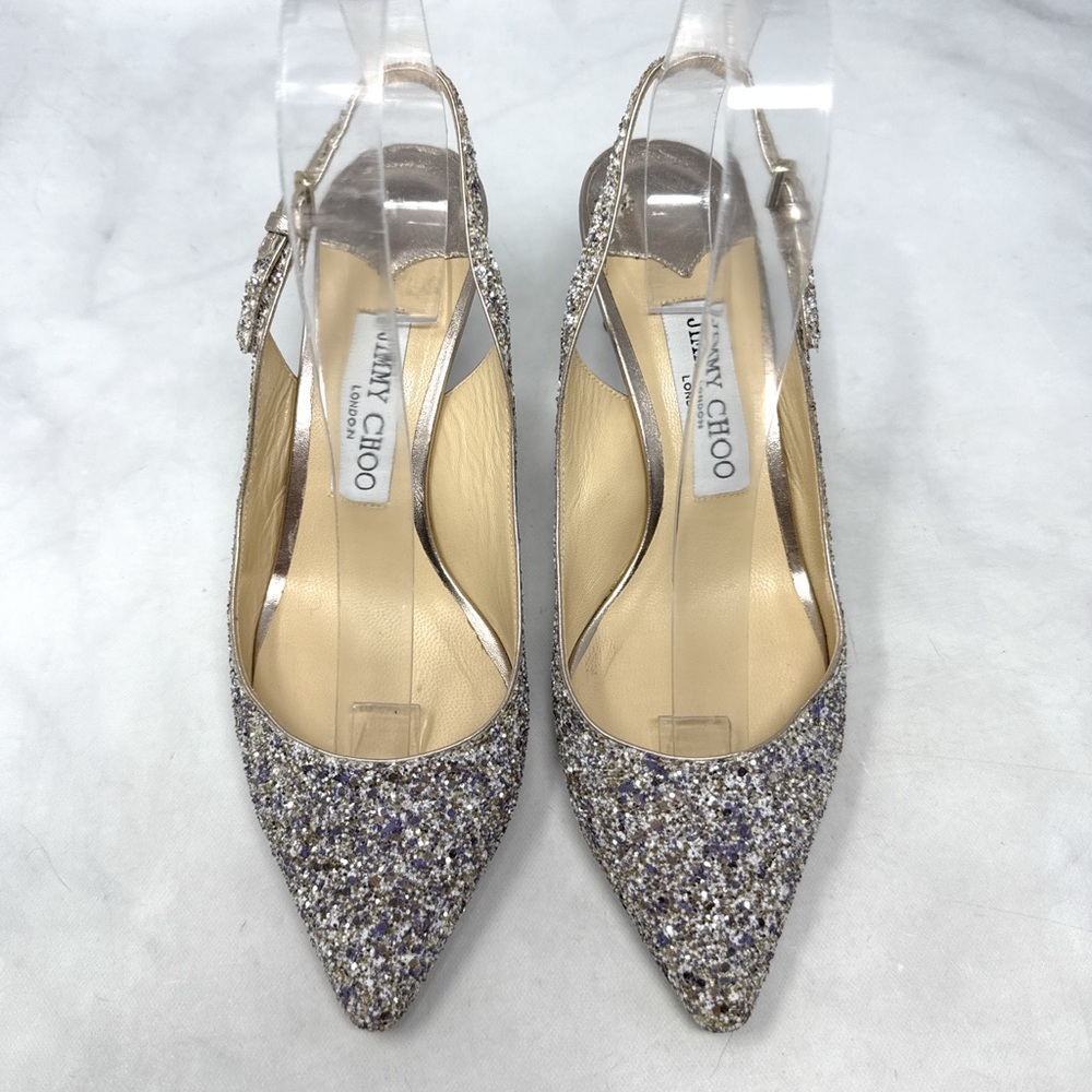 Jimmy Choo Erin 60 Platinum Glitter Pointed Toe Slingback Kitten Heel Pumps 38 - Picture 5 of 16